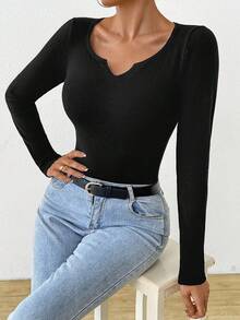 Chiquease 女士純色剪裁綁帶針織毛衣基礎款暢銷款 - 黑色 - 查看 6