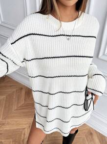 SHEIN Unity 休闲宽松圆领条纹下摆开衩毛衣，春秋季针织套头衫，秋冬季 - 黑與白 - 查看 5