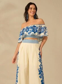 CAJUNI 女士波西米亚风印花、热带花卉蓝色印花、米色超长阔腿裤、夏季休闲、海滩度假裤 - 彩色 - 查看 6