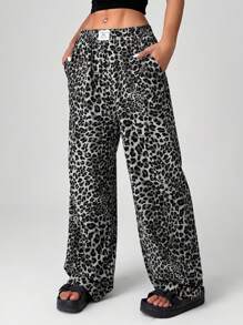 SHEIN EZwear 女士豹纹阔腿街头裤 - 灰色 - 查看 4