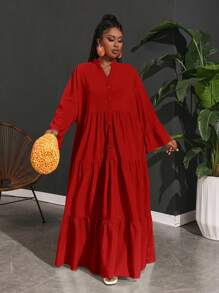 Slaydiva Plus Size Loose A-Line Shirt Dress, Casual Holiday Wear For Women - Red - View 6