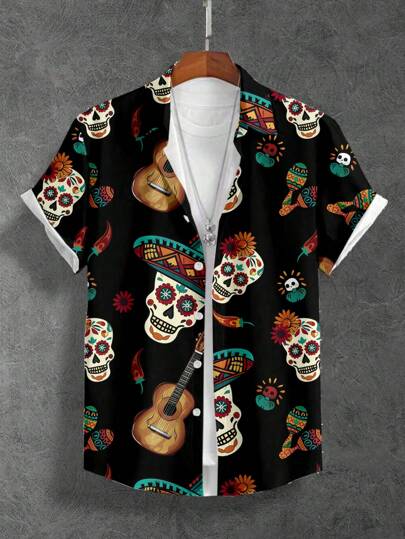 Manfinity ZONE917 Men's Casual Skull Allover Print Short Sleeve Art Graphic Colorful Collar Shirt, For Party