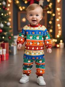 男婴秋冬圣诞节假期姜饼人、企鹅、圣诞老人全身印花连体衣，带灵活的裆部和肩部开口，家居服、派对装、圣诞宝宝。高品质选择 - 彩色 - 查看 1