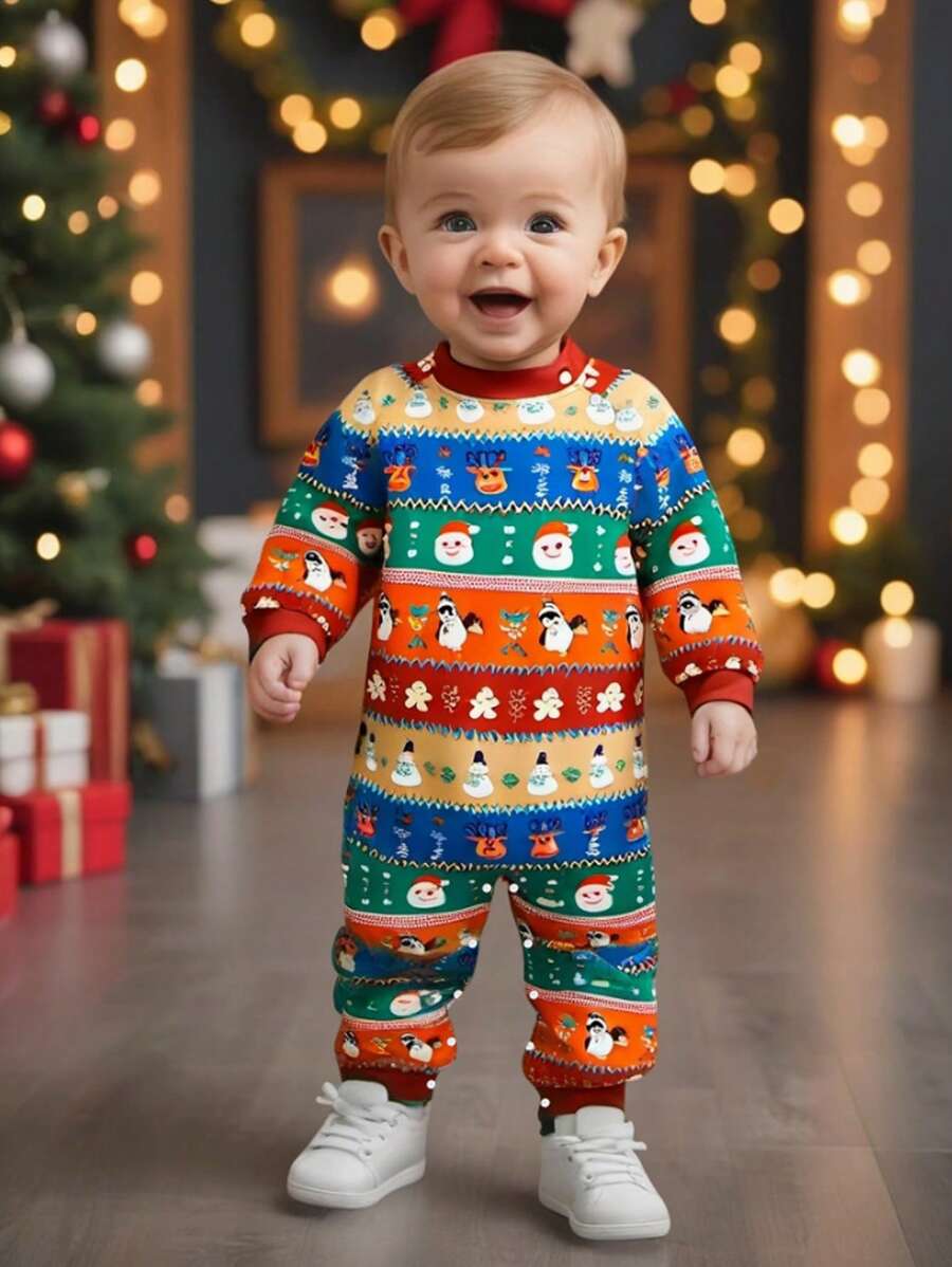 男婴秋冬圣诞节假期姜饼人、企鹅、圣诞老人全身印花连体衣，带灵活的裆部和肩部开口，家居服、派对装、圣诞宝宝。高品质选择 - 彩色 - 查看 1