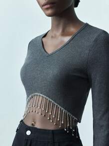 Maija Women Grey Solid Round Neck Long Sleeve Fringed Bottom Casual T-Shirt For Autumn/Winter Leisure/Vacation