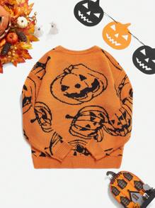 SHEIN Unity Women Halloween Pumpkin Pattern Orange Sweater, Knit Pullover Fall Winter - Orange - View 2