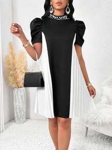 SHEIN Lady Vestido de invitada de boda Elegante y estiloso para mujer, mono de manga abombada media longitud con puntos de malla negra y blanca y con aplicaciones de cuentas - Negro - Ver 1