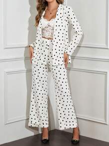 SHEIN Clasi 女士波点印花翻领长袖外套加裤子休闲商务套装秋冬女装秋季套装秋季两件套秋季女装女裤套装 - 杏色 - 查看 3