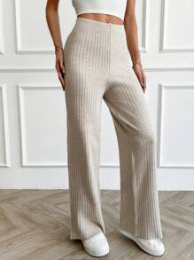 EURMUSE 女士罗纹针织直筒高腰针织裤 - 杏色 - 查看 3