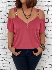 SHEIN LUNE Plus Size Women's Casual Solid Color Open Shoulder Short Sleeve Blouse