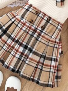 2pcs/Set Young Girl School Uniform Outfits, Including Collared Knit Long Sleeve Sweater With Bow Accent And Plaid Skirt, Fall/Winter Plaid Skirt Set - Apricot - View 4