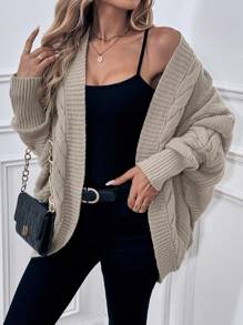 SHEIN LUNE 纯色宽松蝙蝠袖休闲开衫 - 卡其色 - 查看 6