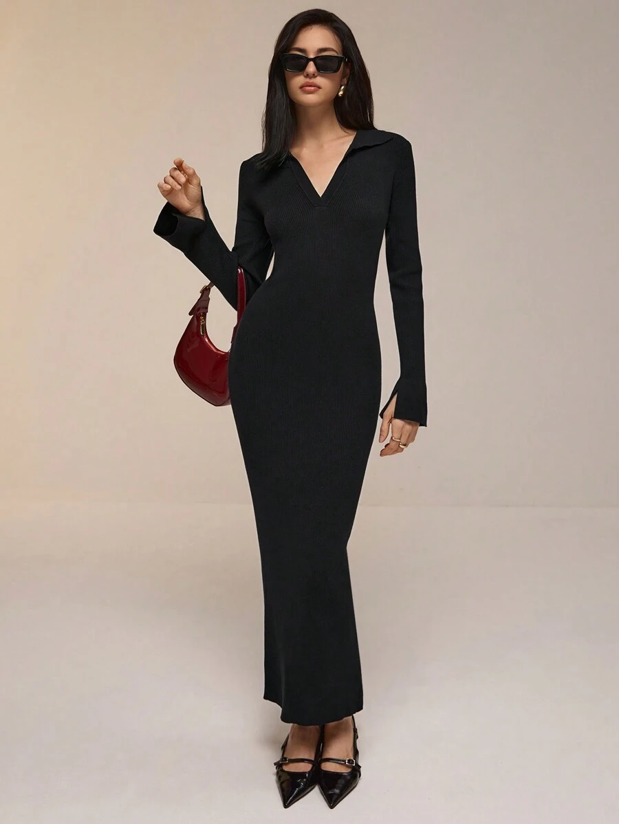 Poéselle Abito maxi in maglia a tinta unita con maniche lunghe, elegante e slim fit, adatto per l'autunno/inverno - nero - Visualizzare 1