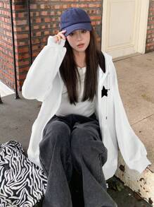 DAZY Women's Autumn/Winter Pentagram Print Zip-Front Drawstring Hooded Casual Sweatshirt - White - View 4