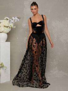 L'Amorae Vestito lungo in velluto e tulle a fiori, corpetto - nero - Visualizzare 9