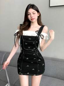 DAZY Mono corto de mezclilla con lazo y cordón de mujer con estampado tipo vestido de verano