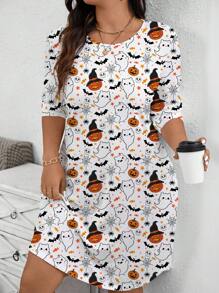 SHEIN LUNE 大码女式休闲长袖圆领及膝南瓜星星图案连衣裙，秋季万圣节服装连衣裙 - 白色 - 查看 4