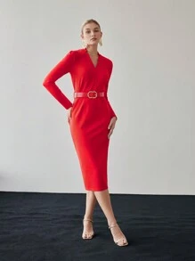 MOTF PREMIUM SOLID V-NECK SLIM FIT BELTED MIDI DRESS