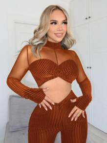 SHEIN SXY Women Co Ords Mesh Insert Mock Neck Crop Velvet Top & Leggings - Brown - View 5