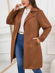 SHEIN Clasi Plus Size Women Solid Color Long Sleeve Lapel Casual Faux Suede Jacket, Winter Clothes