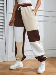 Flirla Colorblock Drawstring Waist Slant Pocket Sweatpants Graduation,Back To School Outfits,Graduation,Teacher Outfits For Women,Back To School
