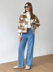 SHEIN Unity Plaid Print Buttoned Pockets Long Sleeve Jacket - Multicolor - View 3