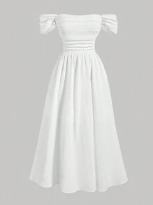 SHEIN Girlism Vestido midi casual minimalista de cor sólida com ombros de fora e cintura apertada para meninas pré-adolescentes
