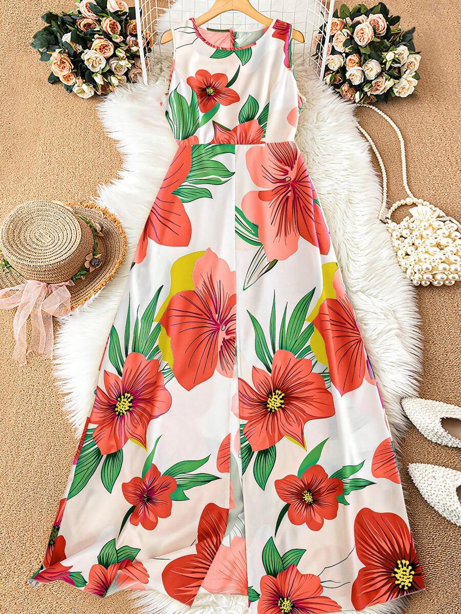 SHEIN LUNE Vestido de mujer con estampado floral romántico y abertura alta - Multicolor - Ver 1