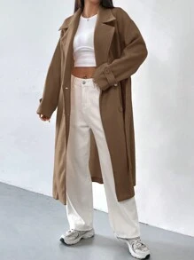 SHEIN EZwear Women's Solid Color Modest Long Sleeve Button Front Casual Jacket - Coffee Brown - View 1