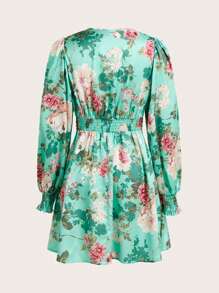 Maija 女士春夏花卉印花 V 领长袖优雅短裙飘逸连衣裙花朵连衣裙