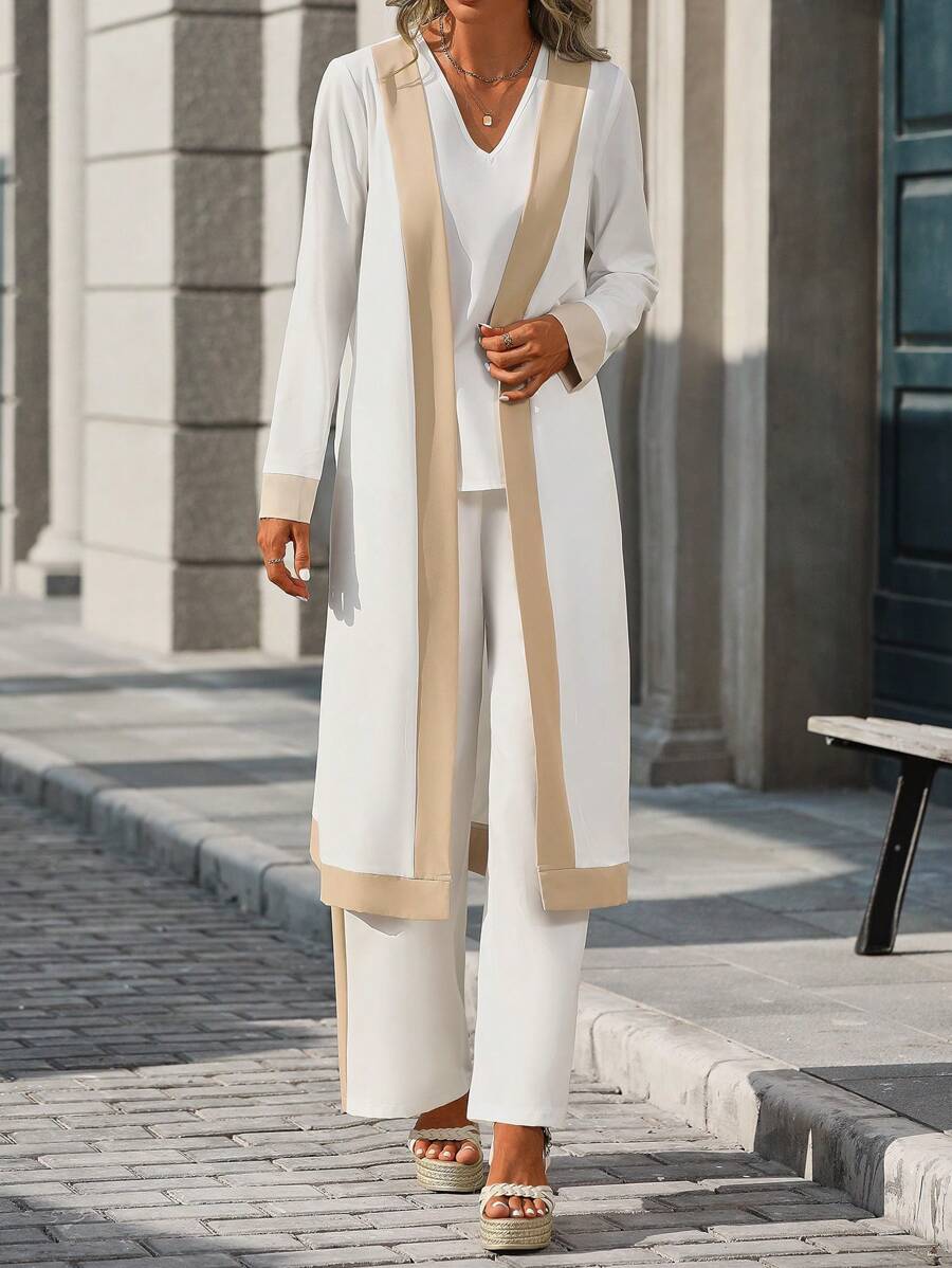 SHEIN Clasi 女士休闲撞色拼布长款夹克、背心和裤子 3 件套，春秋季