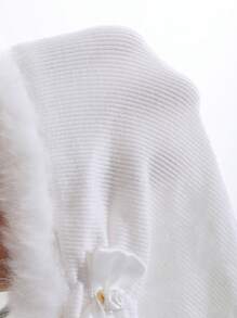 DAZY Autumn/Winter Brushed Knit Faux Fur Collar & Cuff Splice Slim Fit Fluffy Sleepwear Top, For Fall Winter, Cozy - White - View 9