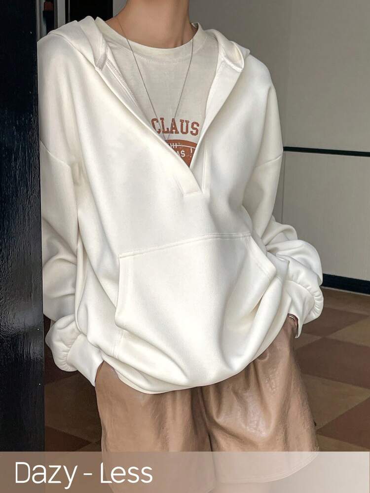 Women's Solid Color Long Sleeve Pocket Simple V-Neck Hooded Sweatshirt, Casual Daily Wear,Fall Clothes