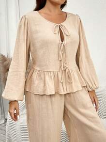 SHEIN Essnce 2pcs Women Plus Size Bowknot Front Cardigan Top And Casual Wide Leg Pants Set