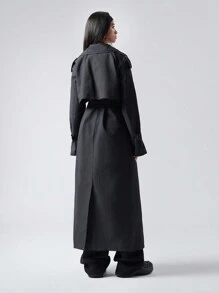 LYSMO 女士纯色翻领长袖中长款休闲风衣，春秋 - 黑色 - 查看 2