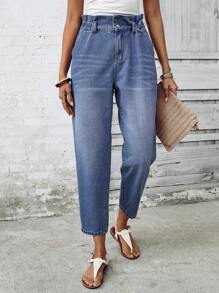 SHEIN LUNE Quần jean denim nữ ống côn, cạp bèo, có túi, kiểu dáng thường ngày. - Màu xanh lam - Xem 3