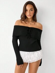 SHEIN Unity Suéter de punto sencillo de manga larga y hombros descubiertos de unicolor, casual para uso diario para mujeres - Negro - Ver 4