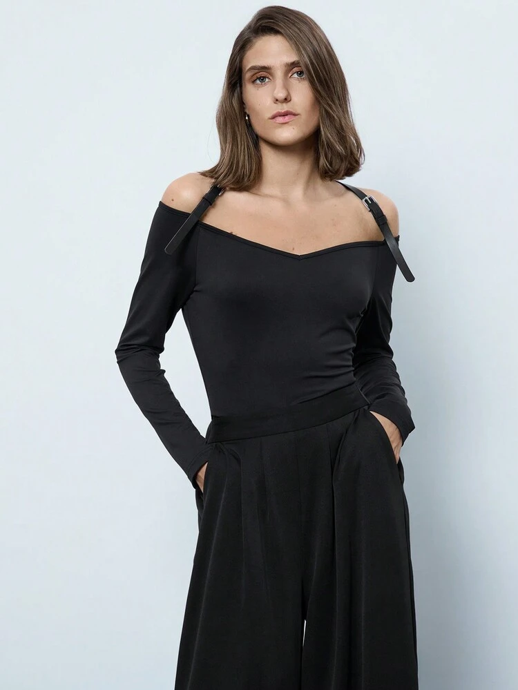 SHEIN Maija Women's Black Off Shoulder Top With Belt Strap, Elegant Fitted Long Sleeve Pullover T-Shirt, Versatile For Casual, Urban And Party Wear, Early Spring