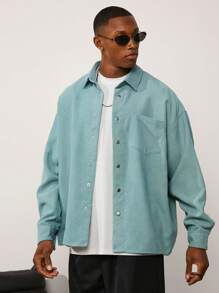 Forever 21 Men's Boxy Shirt With Revere Collar In Green
