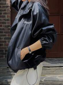 DAZY 女式字母刺绣前拉链休闲夹克，秋季服装 - 藏蓝色 - 查看 1