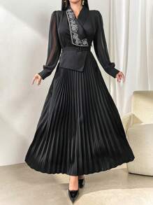 Modelyn Women's Flower Embroidery Mesh Contrast Long Sleeve Loose Long Dress - Black - View 1