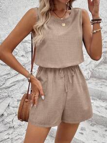 SHEIN LUNE 纯色圆领无袖前系带连体衣，休闲日常穿着 - 卡其色 - 查看 4