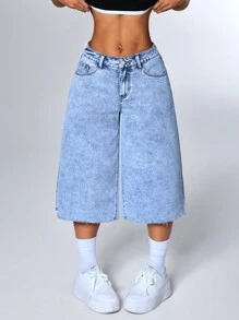 SHEIN EZwear Damen Loose Fit Jeans mit Taschen und weitem Bein, Caprihose für den Lässig-Stil - Blau - Übersicht 6