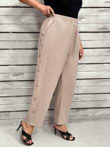 大码女式纯色简约日常纽扣装饰裤 - 卡其色 - 查看 6