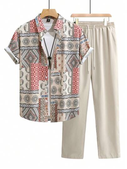 Manfinity RSRT 2pcs/Set Men's Shirt Collar Allover Print Short Sleeve Buttoned Top And Front Tie Waist Pants Casual Outfit