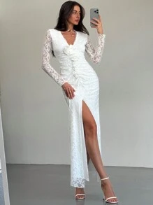 Aloruh New Arrival White Lace Sexy Deep V Floral 3D Decor Long Sleeve Elegant Cocktail Party Dress - White - View 7