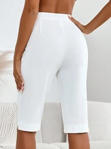SHEIN Privé Women's Autumn Elegant White Front Zipper  Capri  Pants. Fall Pants. White Women Pants. Suitable For Casual Sports, Airport.