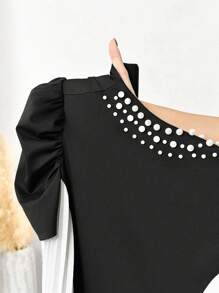 SHEIN Lady Vestido de invitada de boda Elegante y estiloso para mujer, mono de manga abombada media longitud con puntos de malla negra y blanca y con aplicaciones de cuentas - Negro - Ver 7