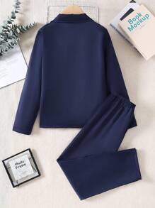 SHEIN 2 pièces/set Pyjama pour pré-adolescents garçons, cardigan à col châle bleu marine unicolore et pantalon, ignifuge, confortable