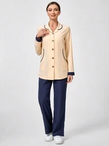 TaskEZ 2pcs Professional Turndown Collar Long Sleeve Single-Breasted Jacket And Pants Set - Navy Blue - View 4